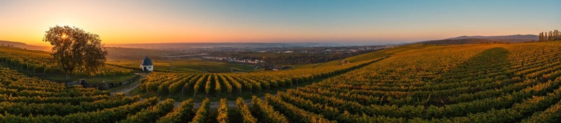 Panoramic aerial shot of a beautiful sunrise over the Rhine near Eltville/Germany in autumn