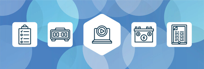 computer and files outline icon set isolated on blue abstract background. thin line icons such as data list, digital clock, tutorial, power source, vector. can be used for web and mobile.