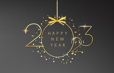 Golden numbers 2023 and the inscription Happy New Year on a dark background with tinsel.