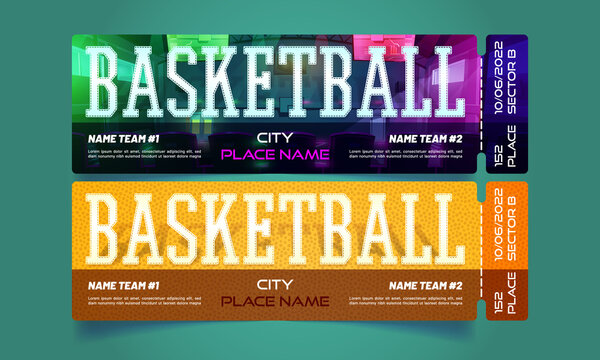 Tickets for basketball play, sport game tournament. Vector templates of paper coupons for sport competition or championship with cartoon illustration of rubber ball surface and basketball court
