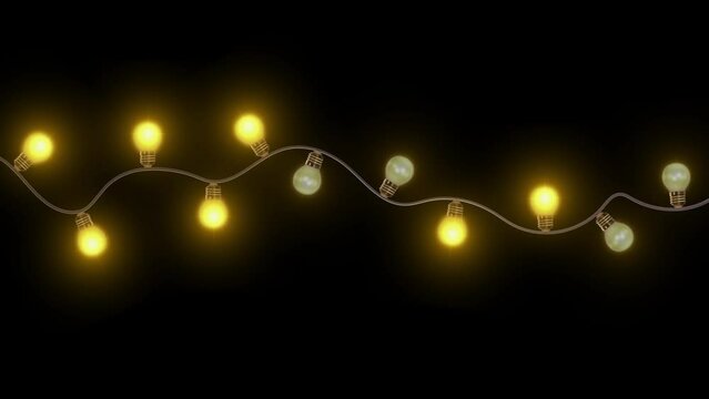 3d Beautiful light bulb string flashing Blinking lights. party, Merry Christmas lights or new year background animation. Glowing garlands. Holiday, winter, Party, event and celebrations, Invitation