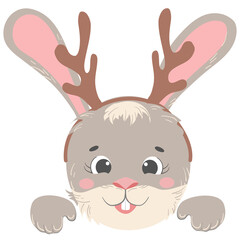 Bunny peeking out with a hoop of deer antlers