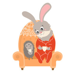Illustration with a rabbit and a hedgehog drinking tea on a vintage armchair