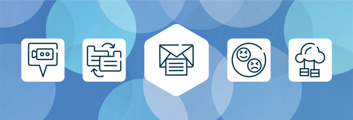 mobile network outline icon set isolated on blue abstract background. thin line icons such as video call, file transfer, open mail, reaction, cloud service vector. can be used for web and mobile.