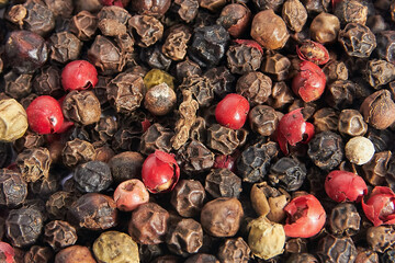 Pepper mixture close-up, top view, condiments, spices, kitchen. Floating focus