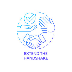 Extend handshake blue gradient concept icon. Keep hands clean. Common business event etiquette rule abstract idea thin line illustration. Isolated outline drawing. Myriad Pro-Bold font used