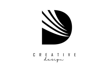 Black letter D logo with leading lines and negative space design. Letter with geometric and creative cuts concept.