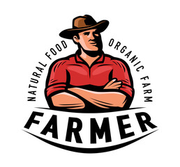Farmer man in a hat logo. Farm, agriculture, farming symbol. Organic farm food retro emblem vector illustration