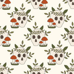 Seamless vector pattern with old skull and poisonous mushrooms in 70s art style. Retro groovy background. Cartoon death symbol texture. Vintage boho illustration