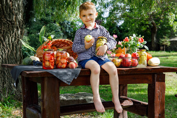 Chłopiec przetwory z owoców sezonowych - jabłka, brzoskwinie - słoiki z kompotem, zaprawy owoców, kompot z jabłek, kompot z brzoskwiń - obrazy, fototapety, plakaty