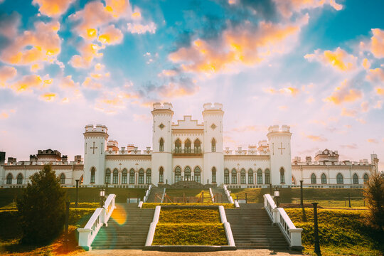 Kosava, Belarus. Summer Sun Shine Above Kosava Castle. Puslowski Palace Castle In Sunny Summer Day. Ruined Castellated Palace In Gothic Revival Style. Landmark And Heritage.
