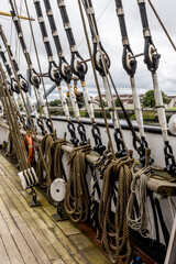 Close-up of ropes and rigging on old vintage tall ship
