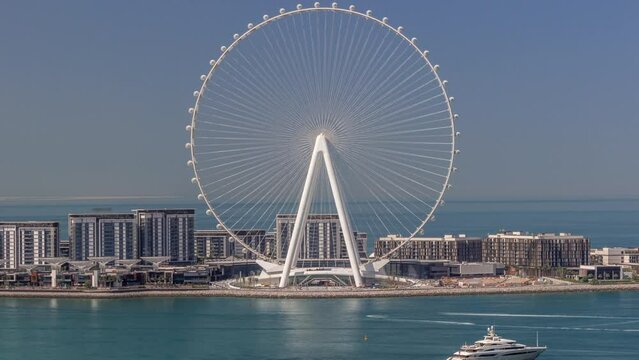 Bluewaters island with modern architecture and ferris wheel aerial timelapse.