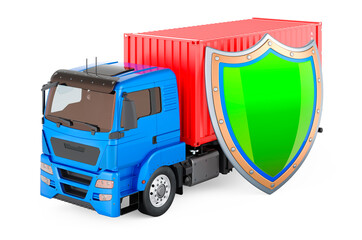 Container truck with shield, insurance and protect freight transportation concept. 3D rendering