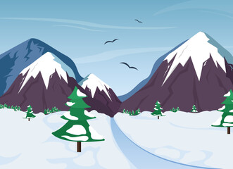 Winter landscape with road and mountains. Vector illustration. - 531069170