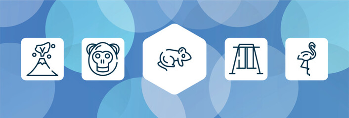 wildlife outline icon set isolated on blue abstract background. thin line icons such as volcano, orangutan, rat, swing, flamingo vector. can be used for web and mobile. © VectorStockDesign