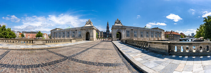 Panorama of Christiansborg Palace. Building and tower on a sunny day. This building is one of  the most important sightseeing spots in Copenhagen, Denmark