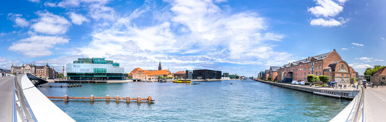Panorama view Copenhagen, Denmark harbour and skyline of Langebro bridge, Danish Architecture Centre and National library in the background