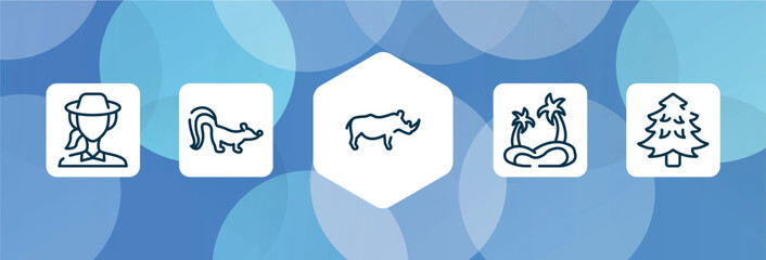 wildlife outline icon set isolated on blue abstract background. thin line icons such as biologist, skunk, rhino, oasis, pine tree vector. can be used for web and mobile. © VectorStockDesign