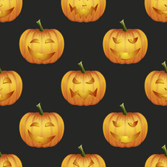 Vector Halloween Seamless Pattern with Funny Pumpkins. Cute Jack-o-lanterns, Carved Pumpkin Faces Backgrounds, Wallpapers for Invitations, Cards, Fabrics, Packaging, Wrapping, Banners, Textiles
