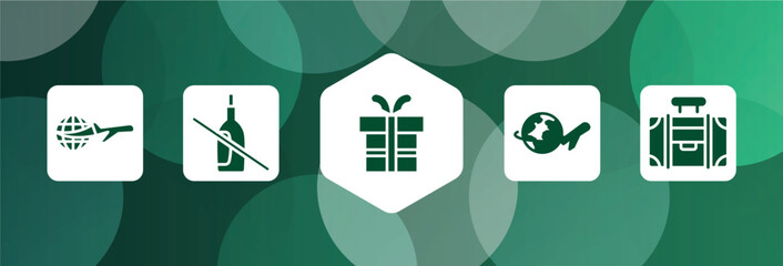 vacation filled icon set isolated on abstract background. glyph icons such as travelling around the world, no drink, birthday gift, airplane travel around the world, travelling handle bag vector.