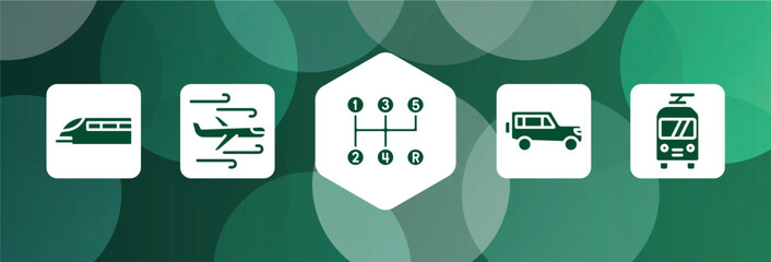 public transport filled icon set isolated on abstract background. glyph icons such as monorail, turbulence, manual transmission, 4x4, trolley bus vector. can be used for web and mobile.