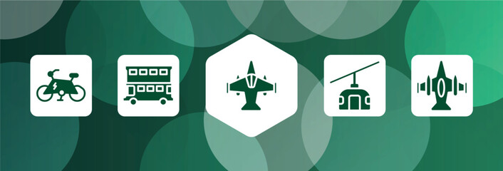 airplanes filled icon set isolated on abstract background. glyph icons such as electric bike, double decker bus, military airplane bottom view, funifor, army airplane bottom view vector. can be used - obrazy, fototapety, plakaty
