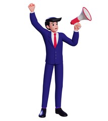 3d cartoon character man wearing formal standing and holding a speaker. A businessman is announcing over the loudspeaker by raising his hand. 3d illustration