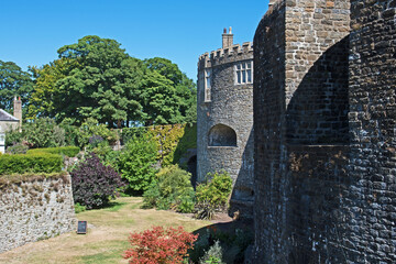 View of the moat and ramparts of Walmer Castle, an artillery fort originally constructed by Henry...
