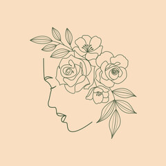 Women head with flowers hand drawn linear art drawn