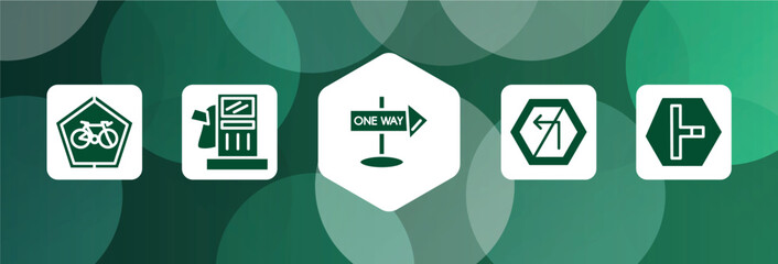 us road signs filled icon set isolated on abstract background. glyph icons such as ecological bicycle transport, fuel oil bomb service, one way street, no turn left, t junction vector. can be used