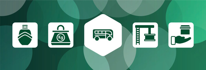 lineal logistic filled icon set isolated on abstract background. glyph icons such as boat from front view, kilogram, buses, container crane, delivery in hand vector. can be used for web and mobile.