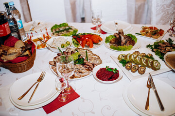 Banquet table with exquisite meat and fish dishes