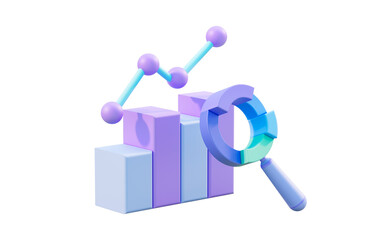 business line bar pie chart with magnify glass sign 3d render concept for financial growth research