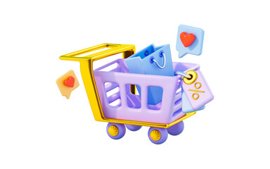 shopping cart sign with bag discount tag love emoji chat 3d render concept for buying offer