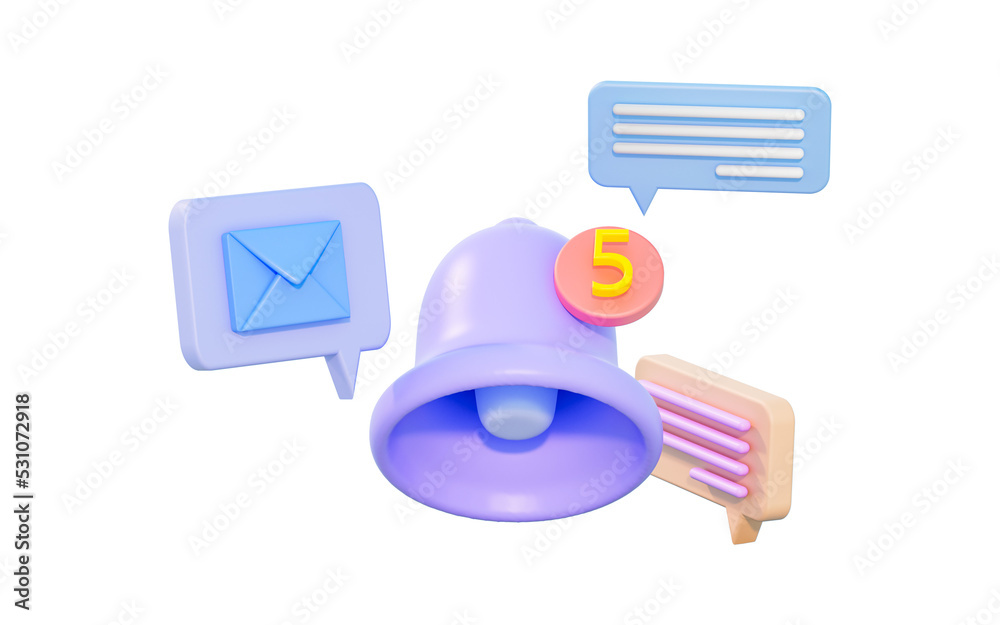 Wall mural notification bell with envelop message sign 3d render concept for alert sms in mobile phone