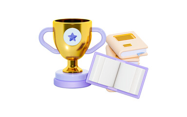 open book with golden trophy sign 3d render concept for educational prize competition reward