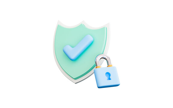 security shield check mark with lock sign 3d render concept for cyber protection defense