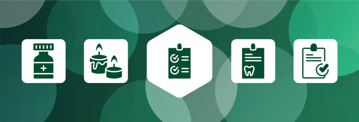 health filled icon set isolated on abstract background. glyph icons such as medicine container, candle and stone, checked list, dental record, stais vector. can be used for web and mobile.