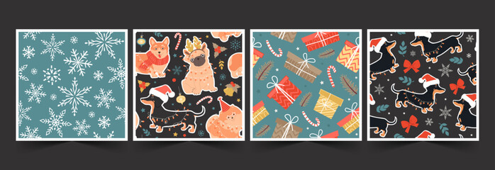 Set of seamless vector patterns for Christmas or New Year with cute drawn dogs. Modern flat illustrations in trendy colors.