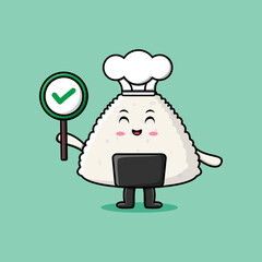 Cute cartoon rice japanese sushi chef character holding correct sign board in vector character 