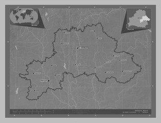 Mahilyow, Belarus. Grayscale. Labelled points of cities