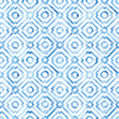 Seamless moroccan pattern. Square vintage tile. Blue and white watercolor ornament painted with watercolor on paper. Handmade. Print for textiles. Grunge texture. Vector illustration.