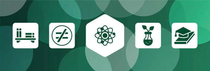 university filled icon set isolated on abstract background. glyph icons such as bookshelf, not equal, neutrons, botanic, thesis vector. can be used for web and mobile.