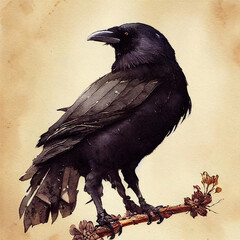Fototapeta premium Crow illustration. Black raven watercolor painting. Vintage artwork tattoo. Sketch of a magic bird. Wizard, magician companion. Retro style, fantasy hand-draw poster. Isolated birds. Generative AI 