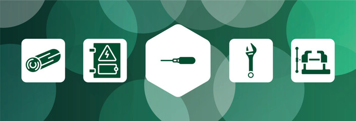 carpentry filled icon set isolated on abstract background. glyph icons such as woods, electrical panel, autoloader, spanner, vice vector. can be used for web and mobile.