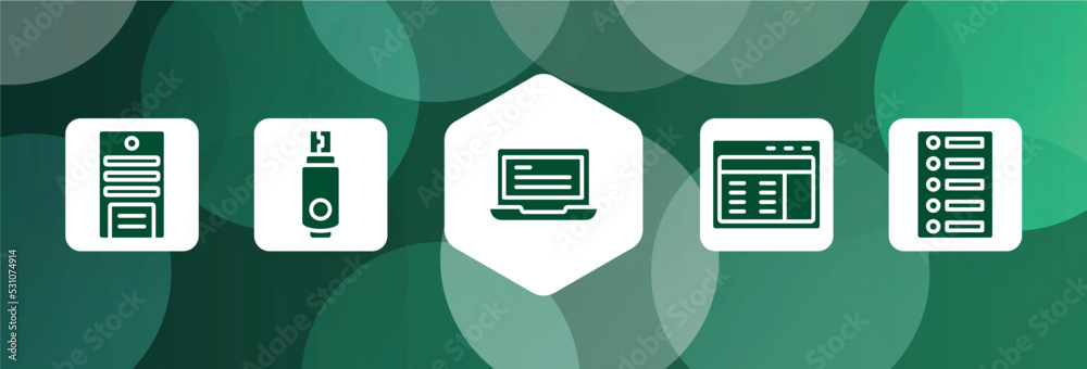 Poster responsive web filled icon set isolated on abstract background. glyph icons such as system unit, usb