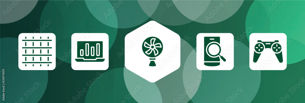 Poster computer devices filled icon set isolated on abstract background. glyph icons such as big grid, stat