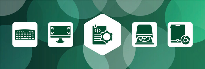 responsive web filled icon set isolated on abstract background. glyph icons such as keyboad, expand corners, document tings, cd room, tablet and browser vector. can be used for web and mobile.