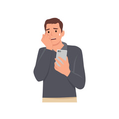 Young man Troubled worried freelancer scared of upcoming deadline date. Time constraint man employee character stressed about missing calendar deadline looking at cell phone. Flat vector illustration 